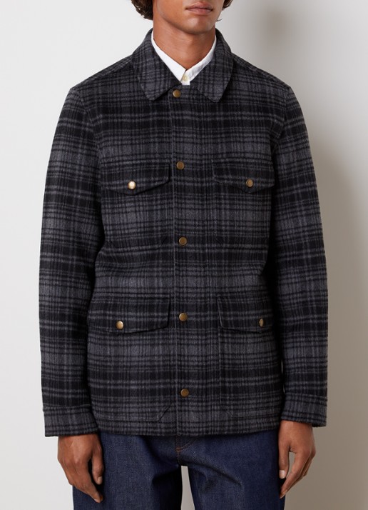 Woolrich Jack in wolblend met klepzakken - detail antraciet