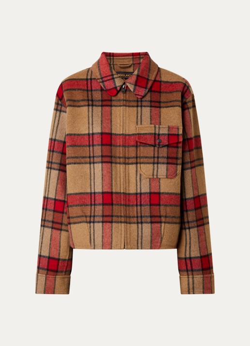 Woolrich Jack van wol met steekzakken en ruitdessin - voorkant 2 okergeel