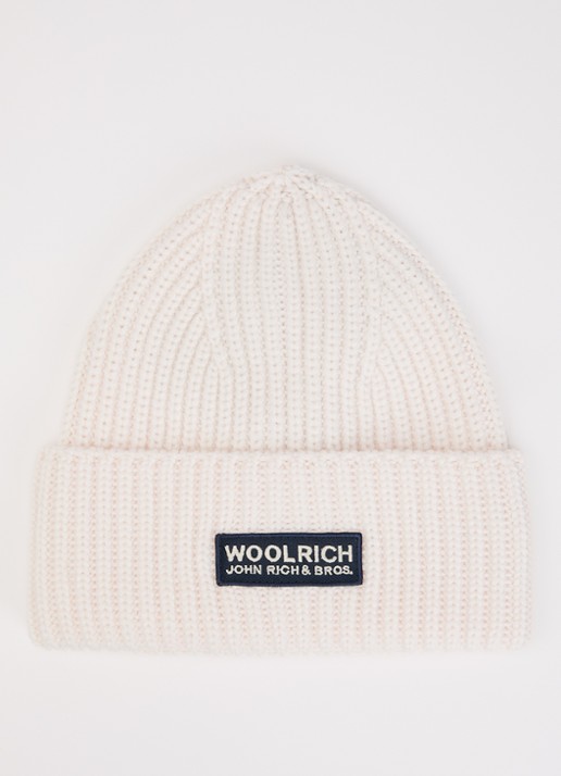 Woolrich Ribgebreide muts van scheerwol met logo