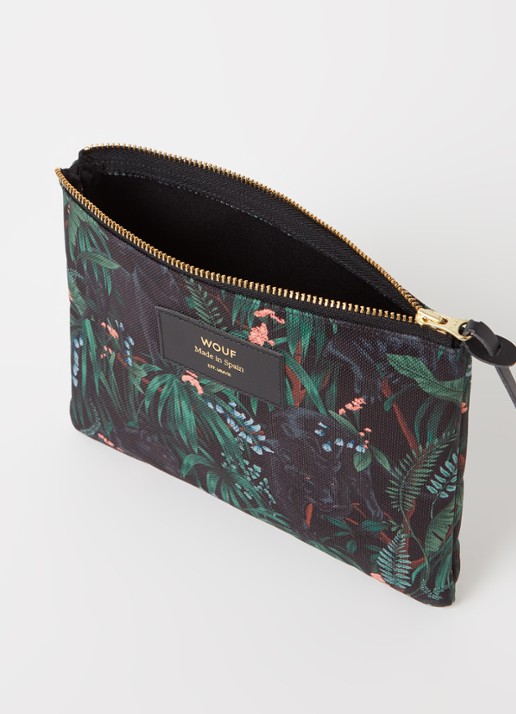 Wouf Janne Large clutch met leren details en print - detail 3 donkergroen