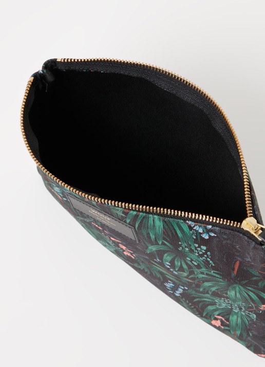 Wouf Janne XL clutch met leren details en print  - detail donkergroen