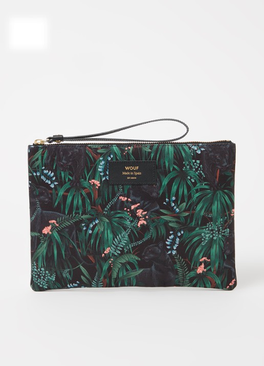 Wouf Janne XL clutch met leren details en print  - voorkant 2 donkergroen