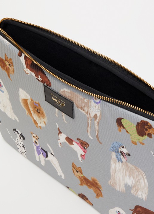 Wouf Puppy laptophoes met print 14 inch - detail lichtgrijs