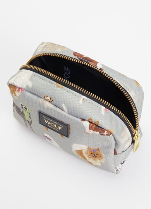 Wouf Puppy make-up tas met print - voorkant 2 lichtgrijs