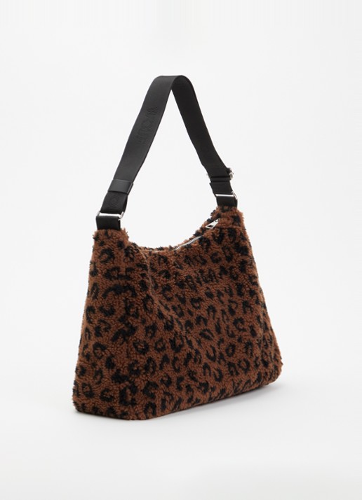 Wouf Simona Hobo schoudertas van teddy met panterprint - achterkant 2 bruin
