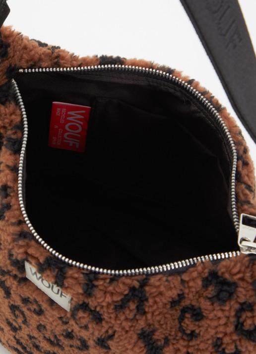 Wouf Simona Hobo schoudertas van teddy met panterprint - detail 3 bruin