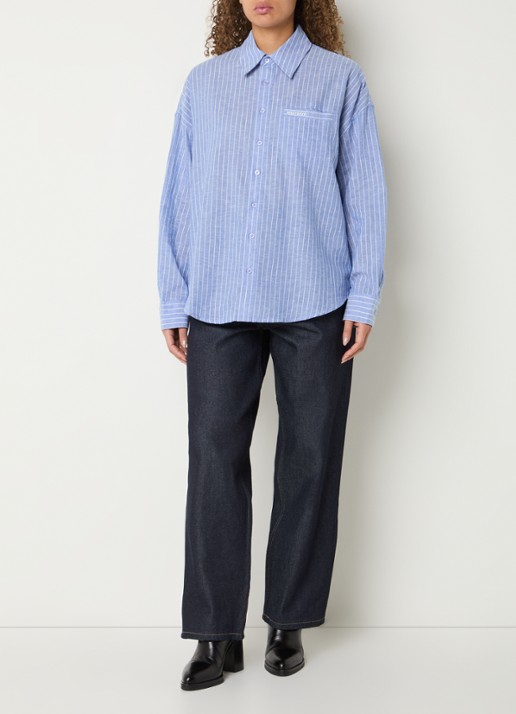 WRSTBHVR Tavi oversized blouse met streepprint en logo - voorkant 2 blauwgrijs