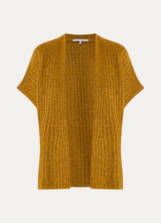 Xandres Bernadine grofgebreid openvallend vest in alpaca wolblend met lurex - voorkant 2 okergeel