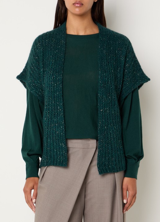 Xandres Bernadine grofgebreid openvallend vest in alpaca wolblend met lurex - detail donkergroen