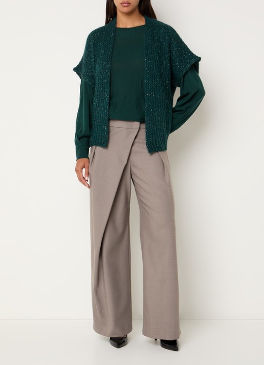 Xandres Bernadine grofgebreid openvallend vest in alpaca wolblend met lurex - voorkant 3 donkergroen