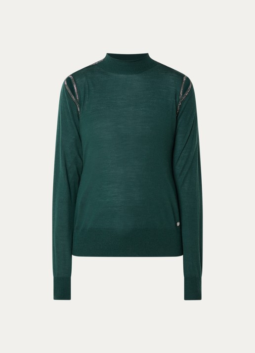 Xandres Galega fijngebreide trui van wol met cut-out detail en strass - voorkant donkergroen