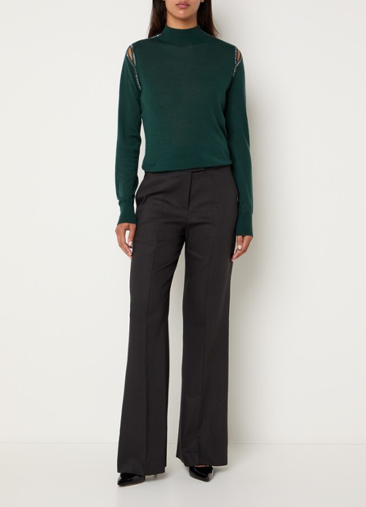 Xandres Galega fijngebreide trui van wol met cut-out detail en strass - voorkant 2 donkergroen