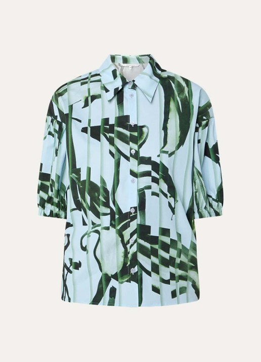 Xandres Hebad blouse met bloemenprint en pofmouw - voorkant 3 blauwgrijs