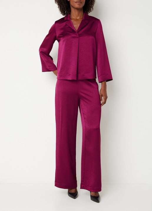 Xandres Paolo high waist wide fit broek van satijn - voorkant 3 aubergine