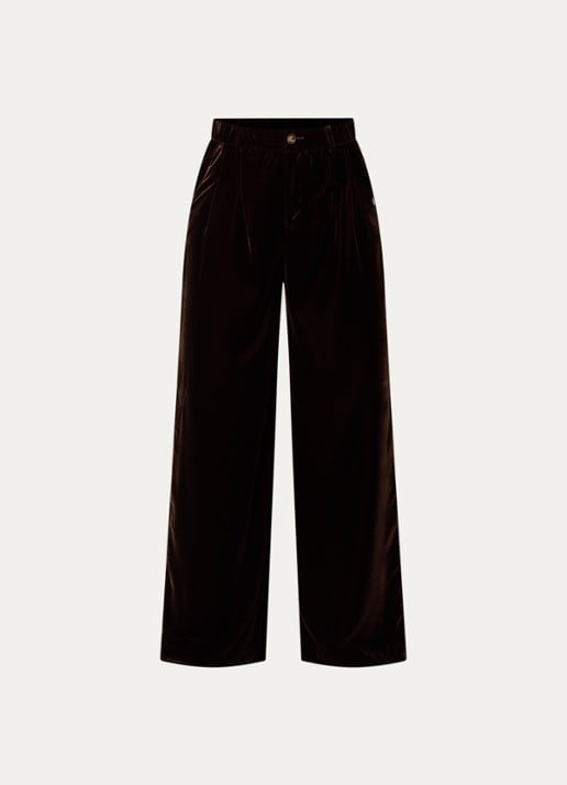 Xandres Phia high waist loose fit broek van fluweel - voorkant 3 roodbruin