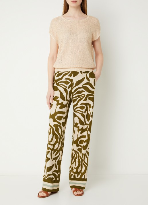 Xandres Phocas high waist straight fit pantalon in linnenblend met print - voorkant 2 bronsgroen