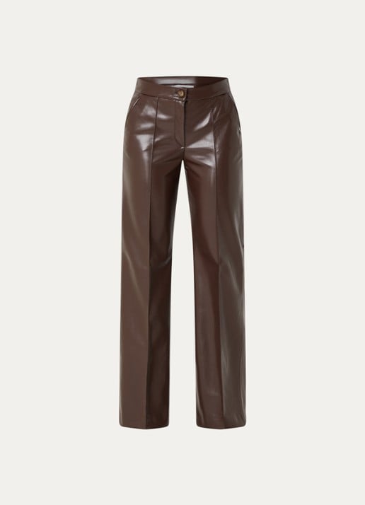 Xandres Pietrovic high waist straight fit broek van imitatieleer met steekzakken - voorkant 2 donkerbruin