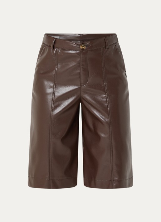 Xandres Puzanne high waist straight fit korte broek van imitatieleer - voorkant donkerbruin