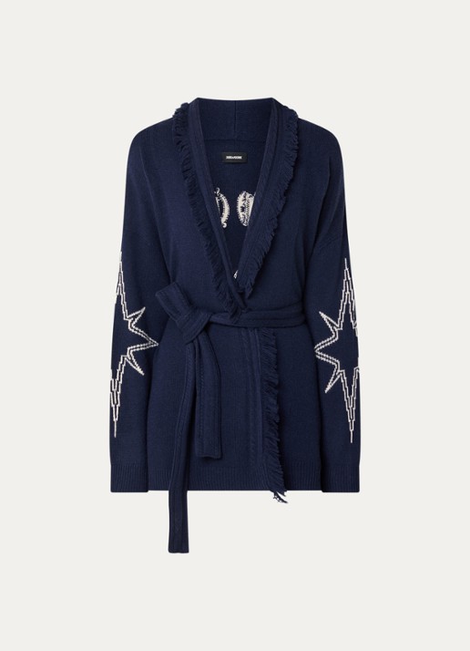 Zadig&Voltaire Alpa fijngebreid vest in kasjmierblend met strikceintuur - voorkant 3 donkerblauw