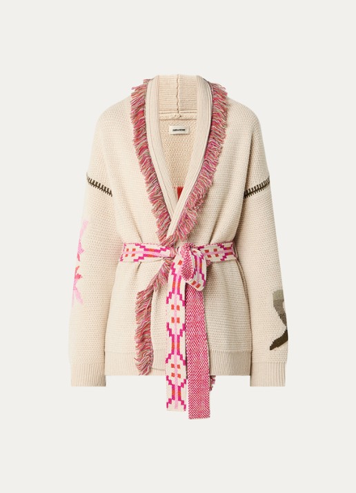 Zadig&Voltaire Alpa grofgebreid vest in kasjmier wolblend met ingebreide print - voorkant 3 beige