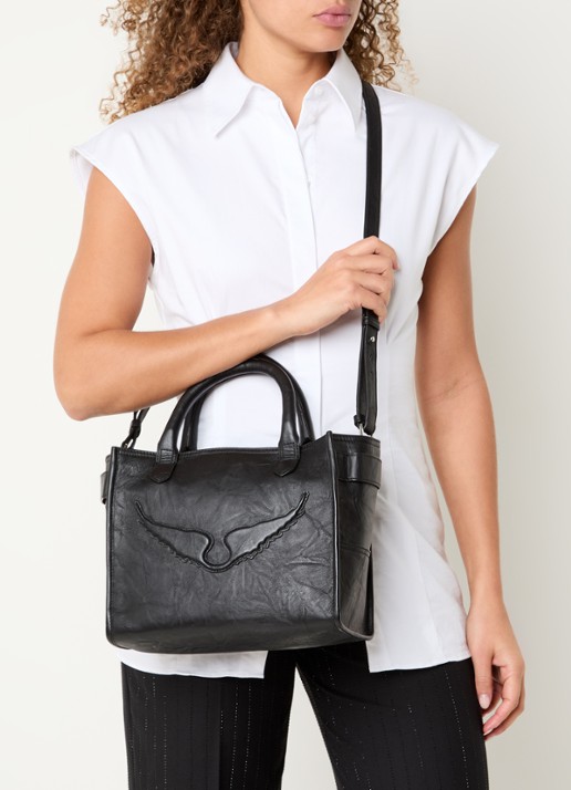 Zadig&Voltaire Angel Tote XS handtas van leer met logo - voorkant 3 zwart