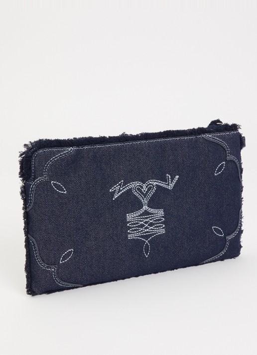 Zadig&Voltaire Angle clutch van denim met borduring - achterkant indigo