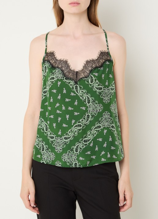 Zadig&Voltaire Cespa spaghettitop van zijde met details van kant en paisley dessin - detail 2 donkergroen