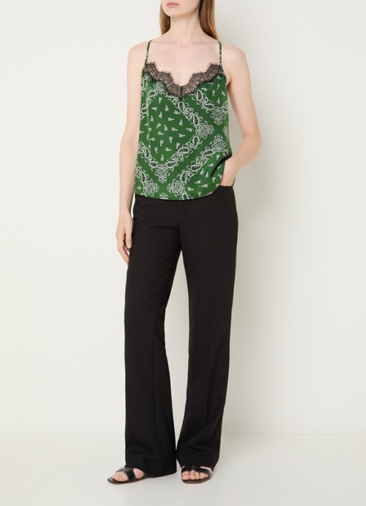 Zadig&Voltaire Cespa spaghettitop van zijde met details van kant en paisley dessin - voorkant 4 donkergroen