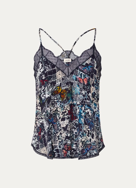 Zadig&Voltaire Christy spaghettitop met print en details van kant - voorkant 3 donkerblauw