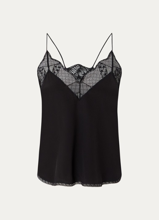 Zadig&Voltaire Christy spaghettitop van zijde met bies van kant - voorkant zwart