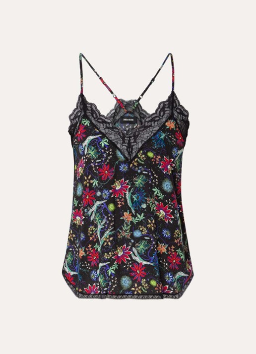Zadig&Voltaire Christy top met bloemenprint en details van kant - voorkant zwart