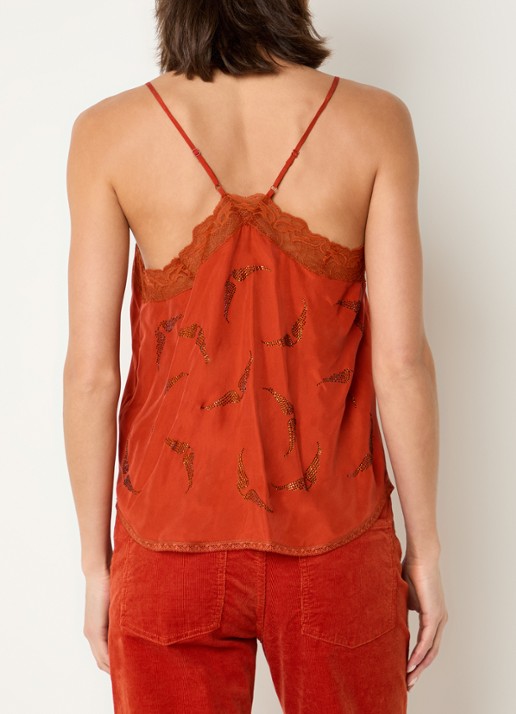 Zadig&Voltaire Christy top van satijn met strass en details van kant - achterkant oranjerood