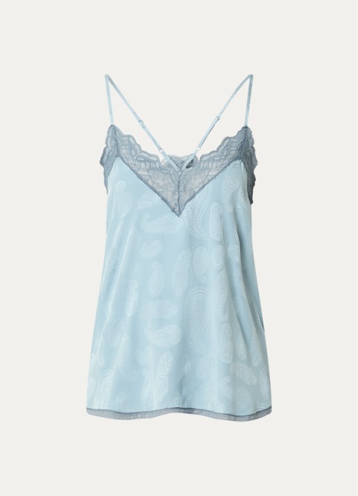 Zadig&Voltaire Christy top van zijde met details van kant - voorkant 2 lichtblauw