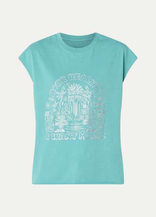 Zadig&Voltaire Cloe Cascade T-shirt met print en strass - voorkant 2 turquoise