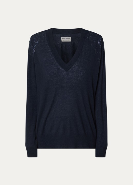 Zadig&Voltaire Fijngebreide pullover van kasjmier met strass - voorkant 3 donkerblauw