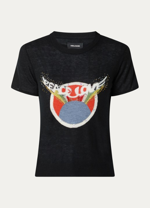 Zadig&Voltaire Idal fijngebreid T-shirt van kasjmier met ingebreide print en strass - voorkant zwart