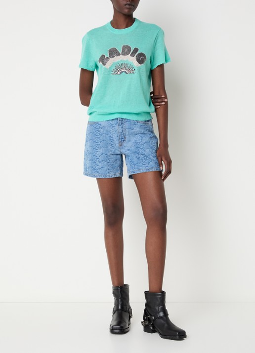 Zadig&Voltaire Idal fijngebreide trui van kasjmier met logo en strass - voorkant 3 turquoise