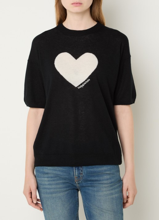 Zadig&Voltaire Idaz fijngebreide T-shirt van kasjmier met ingebreid patroon - detail zwart