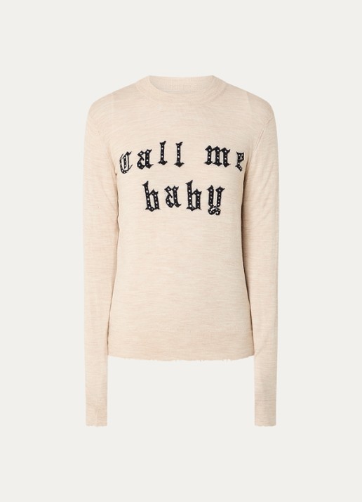 Zadig&Voltaire Ivy fijngebreide trui van merino wol met ingebreid patroon en strass - voorkant 2 beige