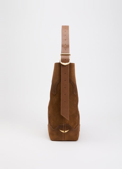 Zadig&Voltaire Jane Hobo Weste schoudertas van suède met details van leer en verstelbare schouderriem - detail 2 cognac