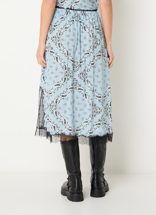 Zadig&Voltaire Jarvis midi rok met paisley dessin en split - achterkant 3 lichtblauw