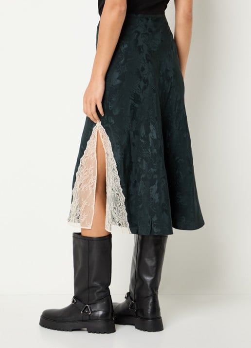 Zadig&Voltaire Jayla midi rok van zijde met print en details van kant - achterkant 2 petrol