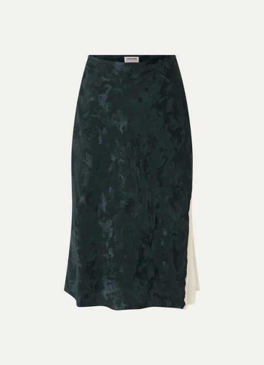 Zadig&Voltaire Jayla midi rok van zijde met print en details van kant - voorkant 3 petrol