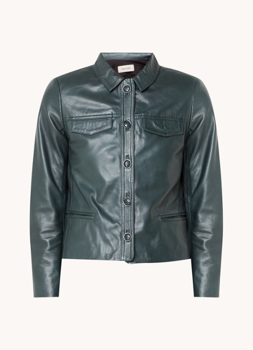Zadig&Voltaire Liam jack van lamsleer met schoudervulling en paspelzakken - voorkant 3 donkergroen