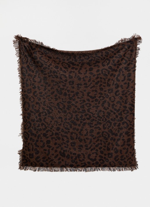 Zadig&Voltaire Mini Stevie Leo sjaal van kasjmier met panterprint en franjes 55 x 55 cm - detail donkerbruin