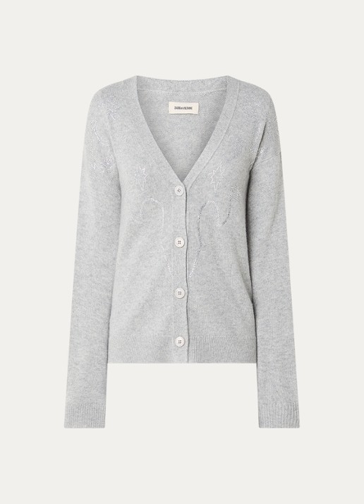 Zadig&Voltaire Mirkaz fijngebreid vest van kasjmier met strass - voorkant 2 lichtgrijs