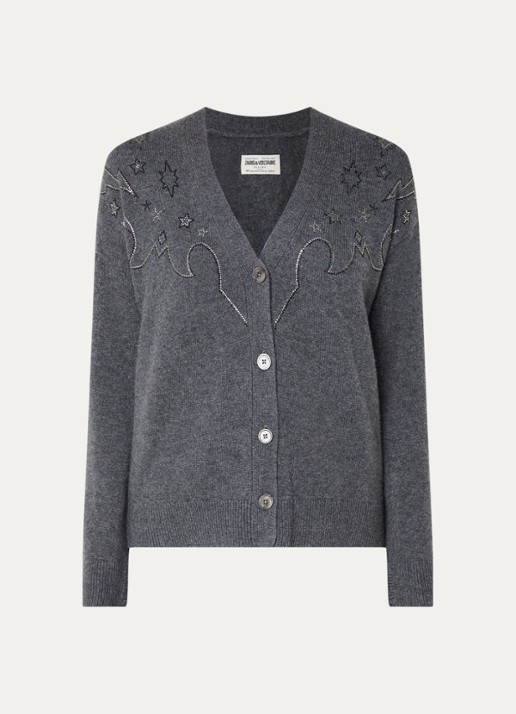 Zadig&Voltaire Mirkaz fijngebreid vest van kasjmier met strass - voorkant 2 antraciet