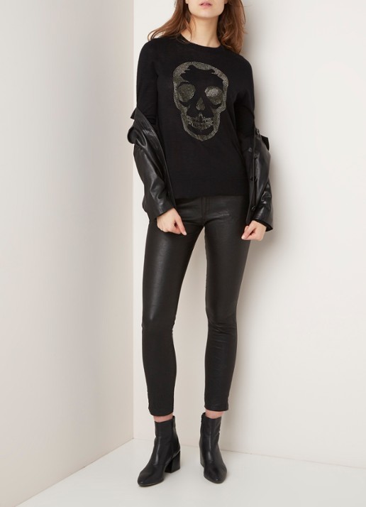 Zadig&Voltaire Phlame cropped skinny fit broek van lamsleer met gekreukte finish - voorkant 2 zwart