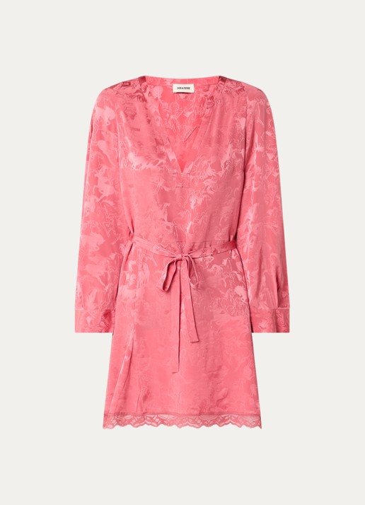 Zadig&Voltaire Ramasco mini tuniekjurk van zijde met details van kant - voorkant 2 koraalroze