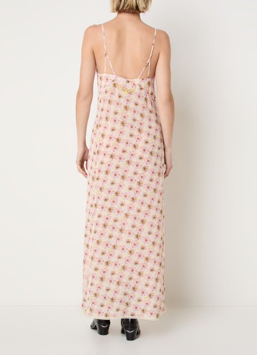 Zadig&Voltaire Ramelil maxi jurk met bloemenprint en details van kant - achterkant roze